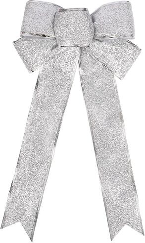 WRBAJIS Christmas Bows Glitter Ribbon Bows Silver Bowknot 16’’x7’’ Big Christmas Bows Decor for Christmas Tree Topper Home Front Door Outdoor Xmas New Year Party Supplies in Saudi Arabia