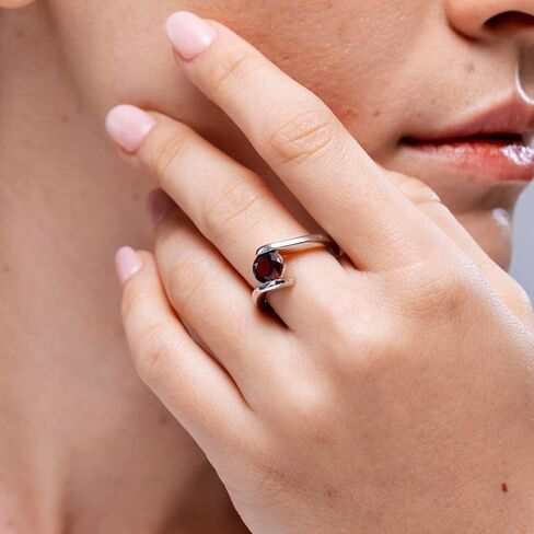 Angara Natural Garnet Solitaire Ring for Women | Bar-Set Solitaire Round Garnet Bypass Ring in 14K Solid Gold/Silver/Platinum | January Birthday, Anniversary, Gemstone Jewellery Gift in Saudi Arabia