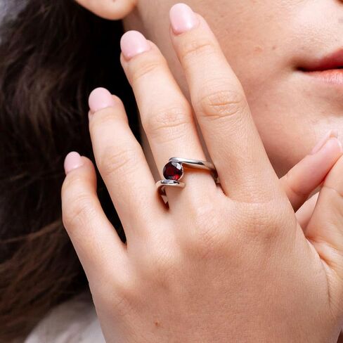 Angara Natural Garnet Solitaire Ring for Women | Bar-Set Solitaire Round Garnet Bypass Ring in 14K Solid Gold/Silver/Platinum | January Birthday, Anniversary, Gemstone Jewellery Gift in Saudi Arabia