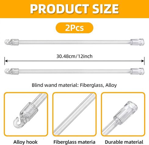 قطعتان من العصا العمياء - عصا عمياء من الألياف الزجاجية مقاس 30.48 سم، أجزاء بديلة للستائر الرأسية مع خطاف ومقبض، عصا ستائر طويلة عمودية، قضيب ستارة بديل لظلال أبواب ستائر النوافذ in Kuwait