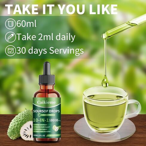 Caikieme Soursop Drops, Organic Black Seed Leave Extract, Sea Moss, Elderberry, Vitamin C and Zinc, 10-in-1 Soursop Bitters Liquid for Cell Support, Antioxidant, Gut and Immune Boost (1PCS) in Saudi Arabia