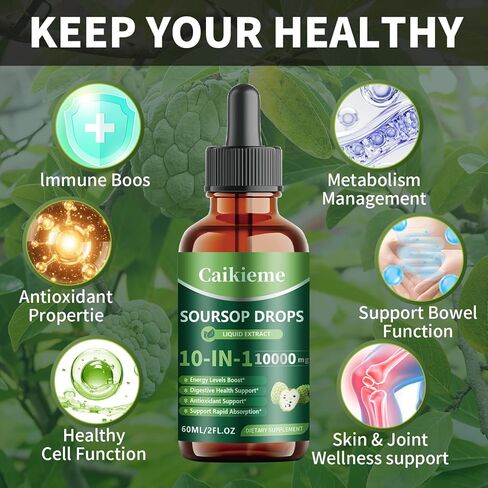 Caikieme Soursop Drops, Organic Black Seed Leave Extract, Sea Moss, Elderberry, Vitamin C and Zinc, 10-in-1 Soursop Bitters Liquid for Cell Support, Antioxidant, Gut and Immune Boost (1PCS) in Saudi Arabia