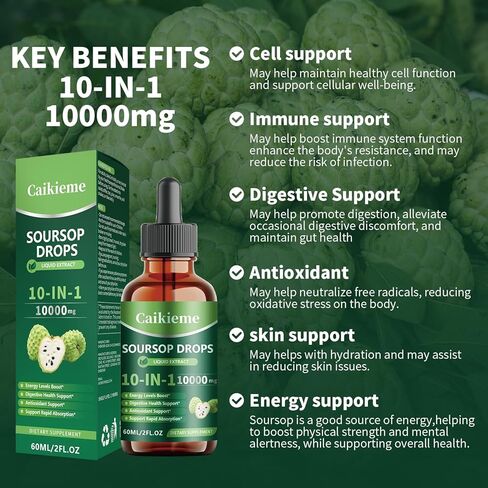 Caikieme Soursop Drops, Organic Black Seed Leave Extract, Sea Moss, Elderberry, Vitamin C and Zinc, 10-in-1 Soursop Bitters Liquid for Cell Support, Antioxidant, Gut and Immune Boost (1PCS) in Saudi Arabia