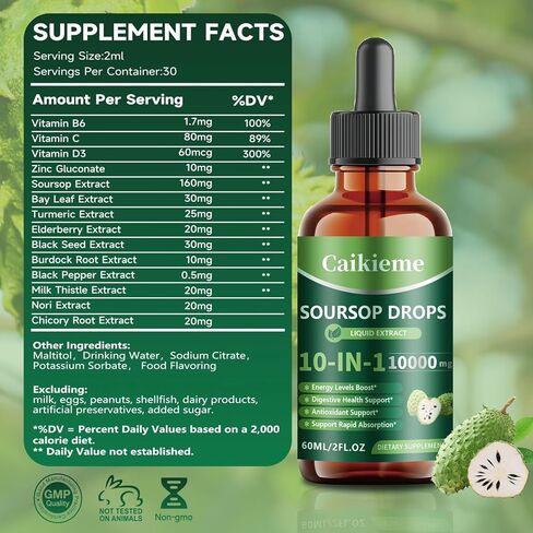 Caikieme Soursop Drops, Organic Black Seed Leave Extract, Sea Moss, Elderberry, Vitamin C and Zinc, 10-in-1 Soursop Bitters Liquid for Cell Support, Antioxidant, Gut and Immune Boost (1PCS) in Saudi Arabia
