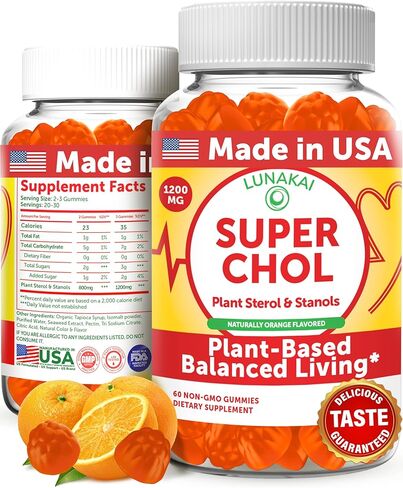 Lunakai USA Made Super Chol Gummies - 1200 ملغ من ستيرول النبات والستانول لدعم الكولسترول الطبيعي - مكمل فيتوستيرول يومي للبالغين، 60 قيراط in Kuwait