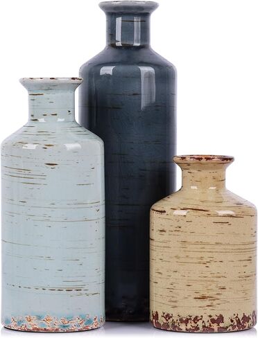 Ceramic Vase Set of 3-3 Neutral Vases Home Decor, Farmhouse Country Flower Vase, Vases for Centerpieces, Living Room Decoration, Table Decoration, Fireplace Decor, and Entrance Decorations in Saudi Arabia