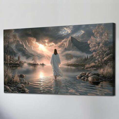 UZMKM Jesus Walking on Water Wall Art, Framed Christian Painting, Spiritual Religious Canvas Prints for Living Room, Bedroom, Prayer Room Decoration, Wrapped Canvas Picture Poster Artwork 24×48 Inch in Saudi Arabia