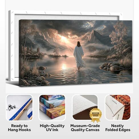 UZMKM Jesus Walking on Water Wall Art, Framed Christian Painting, Spiritual Religious Canvas Prints for Living Room, Bedroom, Prayer Room Decoration, Wrapped Canvas Picture Poster Artwork 24×48 Inch in Saudi Arabia
