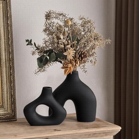 GarDream Modern Black Ceramic Vase Set of 2, Durable Donut Vases for Pampas Grass, Minimalist Industrial Boho Decorative Vases for Home Decor, Living Room, Farmhouse, Dining Table, Countertops, Shelf in Saudi Arabia