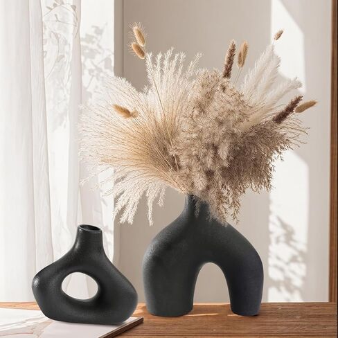 GarDream Modern Black Ceramic Vase Set of 2, Durable Donut Vases for Pampas Grass, Minimalist Industrial Boho Decorative Vases for Home Decor, Living Room, Farmhouse, Dining Table, Countertops, Shelf in Saudi Arabia
