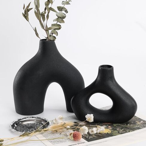GarDream Modern Black Ceramic Vase Set of 2, Durable Donut Vases for Pampas Grass, Minimalist Industrial Boho Decorative Vases for Home Decor, Living Room, Farmhouse, Dining Table, Countertops, Shelf in Saudi Arabia