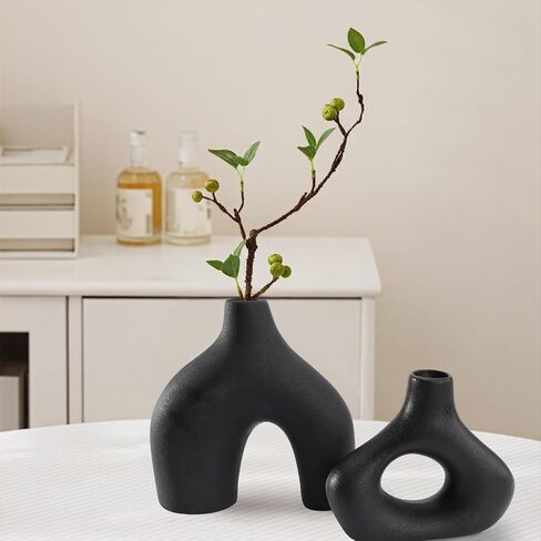 GarDream Modern Black Ceramic Vase Set of 2, Durable Donut Vases for Pampas Grass, Minimalist Industrial Boho Decorative Vases for Home Decor, Living Room, Farmhouse, Dining Table, Countertops, Shelf in Saudi Arabia