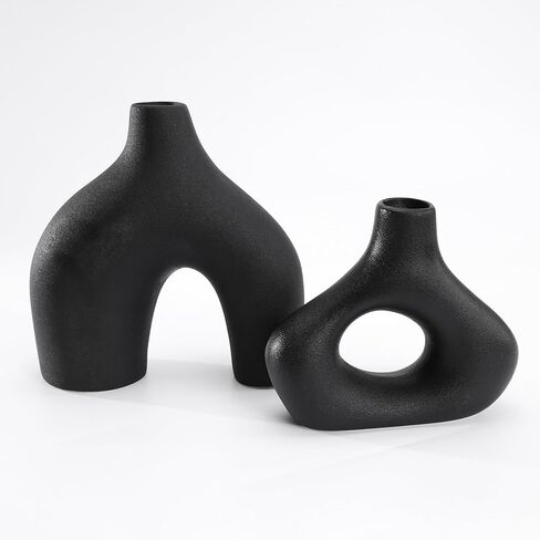 GarDream Modern Black Ceramic Vase Set of 2, Durable Donut Vases for Pampas Grass, Minimalist Industrial Boho Decorative Vases for Home Decor, Living Room, Farmhouse, Dining Table, Countertops, Shelf in Saudi Arabia