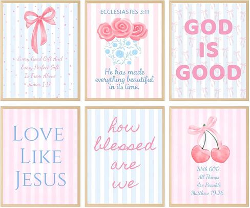 Coquette Pink & Blue Bow Wall Art Decor Posters - Blue & Pink Bow Christian Room Bedroom Bathroom Dorm Wall Art - Christian Inspirational Bible Verses - For College Teen Girls & Boys Gifts- Set Of 6 Pieces 8 x 10 Inch (UNFRAMED) in Saudi Arabia