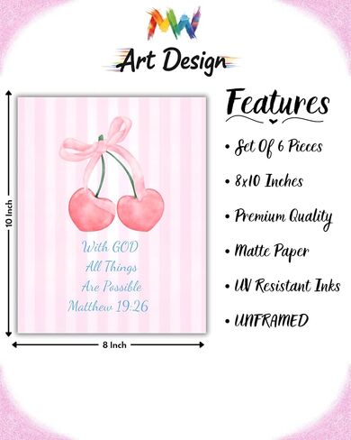 Coquette Pink & Blue Bow Wall Art Decor Posters - Blue & Pink Bow Christian Room Bedroom Bathroom Dorm Wall Art - Christian Inspirational Bible Verses - For College Teen Girls & Boys Gifts- Set Of 6 Pieces 8 x 10 Inch (UNFRAMED) in Saudi Arabia