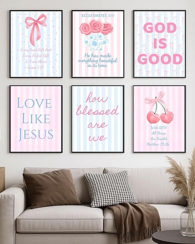 Coquette Pink & Blue Bow Wall Art Decor Posters - Blue & Pink Bow Christian Room Bedroom Bathroom Dorm Wall Art - Christian Inspirational Bible Verses - For College Teen Girls & Boys Gifts- Set Of 6 Pieces 8 x 10 Inch (UNFRAMED) in Saudi Arabia