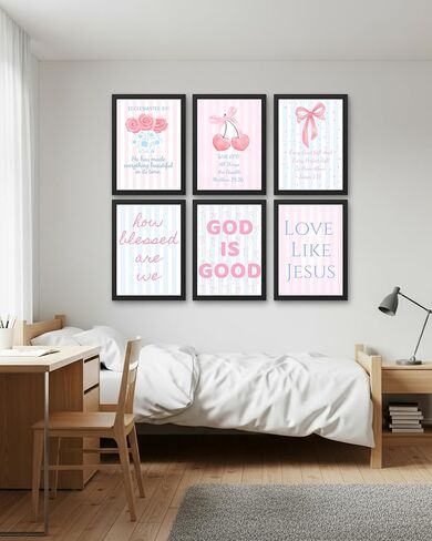 Coquette Pink & Blue Bow Wall Art Decor Posters - Blue & Pink Bow Christian Room Bedroom Bathroom Dorm Wall Art - Christian Inspirational Bible Verses - For College Teen Girls & Boys Gifts- Set Of 6 Pieces 8 x 10 Inch (UNFRAMED) in Saudi Arabia