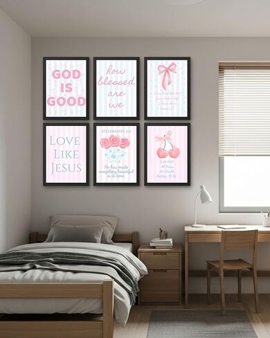 Coquette Pink & Blue Bow Wall Art Decor Posters - Blue & Pink Bow Christian Room Bedroom Bathroom Dorm Wall Art - Christian Inspirational Bible Verses - For College Teen Girls & Boys Gifts- Set Of 6 Pieces 8 x 10 Inch (UNFRAMED) in Saudi Arabia