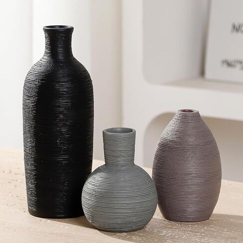Ceramic Vases Set of 3 Home Decor Vases Modern Rustic Farmhouse Pottery Decorative Flower Vase for Pampas Grass Dried Fresh Flowers, Living Room, Table Centerpiece, Shelf, Mantel (Multicolor Black) in Saudi Arabia