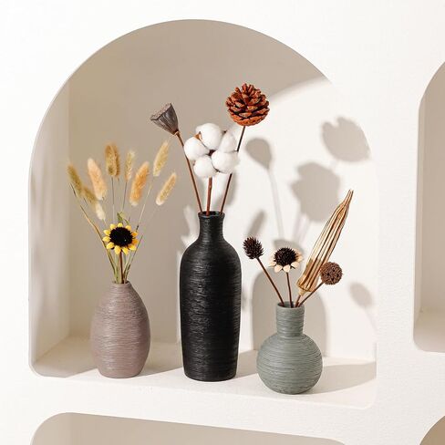 Ceramic Vases Set of 3 Home Decor Vases Modern Rustic Farmhouse Pottery Decorative Flower Vase for Pampas Grass Dried Fresh Flowers, Living Room, Table Centerpiece, Shelf, Mantel (Multicolor Black) in Saudi Arabia