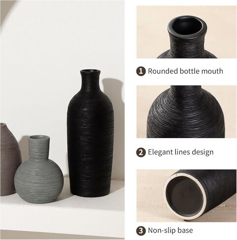 Ceramic Vases Set of 3 Home Decor Vases Modern Rustic Farmhouse Pottery Decorative Flower Vase for Pampas Grass Dried Fresh Flowers, Living Room, Table Centerpiece, Shelf, Mantel (Multicolor Black) in Saudi Arabia