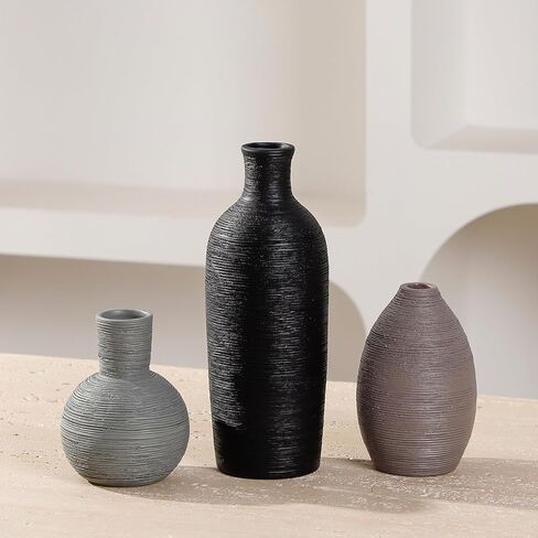 Ceramic Vases Set of 3 Home Decor Vases Modern Rustic Farmhouse Pottery Decorative Flower Vase for Pampas Grass Dried Fresh Flowers, Living Room, Table Centerpiece, Shelf, Mantel (Multicolor Black) in Saudi Arabia