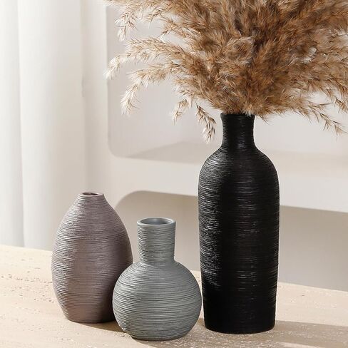 Ceramic Vases Set of 3 Home Decor Vases Modern Rustic Farmhouse Pottery Decorative Flower Vase for Pampas Grass Dried Fresh Flowers, Living Room, Table Centerpiece, Shelf, Mantel (Multicolor Black) in Saudi Arabia