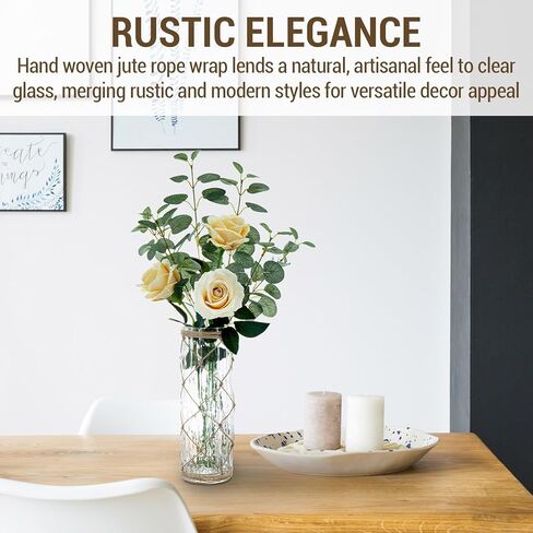 MyGift Rustic Clear Glass Vase with Hand-Woven Hemp Rope Wrap – Decorative Tabletop Flower Vase for Farmhouse, Boho, or Coastal Home Decor in Saudi Arabia