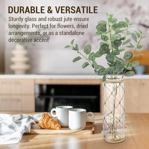 MyGift Rustic Clear Glass Vase with Hand-Woven Hemp Rope Wrap – Decorative Tabletop Flower Vase for Farmhouse, Boho, or Coastal Home Decor in Saudi Arabia