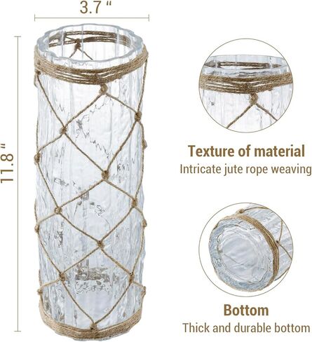 MyGift Rustic Clear Glass Vase with Hand-Woven Hemp Rope Wrap – Decorative Tabletop Flower Vase for Farmhouse, Boho, or Coastal Home Decor in Saudi Arabia