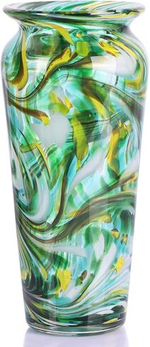 PlivBloom Green Hand Blown Glass Vase – Tall Speckled Decorative Centerpiece in Murano Style for Dining Table, Coffee Table, Mantel, Entryway, or Bookshelf in Coastal or Modern Decor (Green) in Saudi Arabia