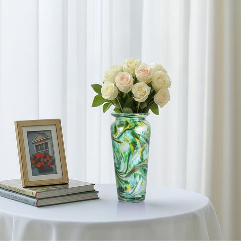 PlivBloom Green Hand Blown Glass Vase – Tall Speckled Decorative Centerpiece in Murano Style for Dining Table, Coffee Table, Mantel, Entryway, or Bookshelf in Coastal or Modern Decor (Green) in Saudi Arabia
