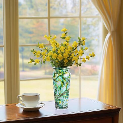 PlivBloom Green Hand Blown Glass Vase – Tall Speckled Decorative Centerpiece in Murano Style for Dining Table, Coffee Table, Mantel, Entryway, or Bookshelf in Coastal or Modern Decor (Green) in Saudi Arabia