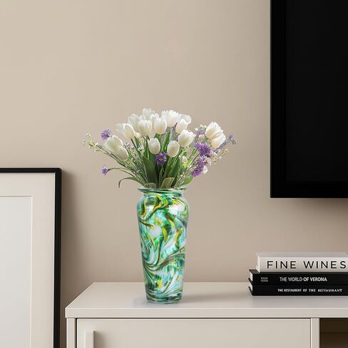 PlivBloom Green Hand Blown Glass Vase – Tall Speckled Decorative Centerpiece in Murano Style for Dining Table, Coffee Table, Mantel, Entryway, or Bookshelf in Coastal or Modern Decor (Green) in Saudi Arabia