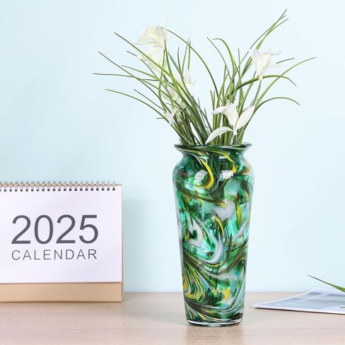 PlivBloom Green Hand Blown Glass Vase – Tall Speckled Decorative Centerpiece in Murano Style for Dining Table, Coffee Table, Mantel, Entryway, or Bookshelf in Coastal or Modern Decor (Green) in Saudi Arabia