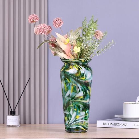 PlivBloom Green Hand Blown Glass Vase – Tall Speckled Decorative Centerpiece in Murano Style for Dining Table, Coffee Table, Mantel, Entryway, or Bookshelf in Coastal or Modern Decor (Green) in Saudi Arabia