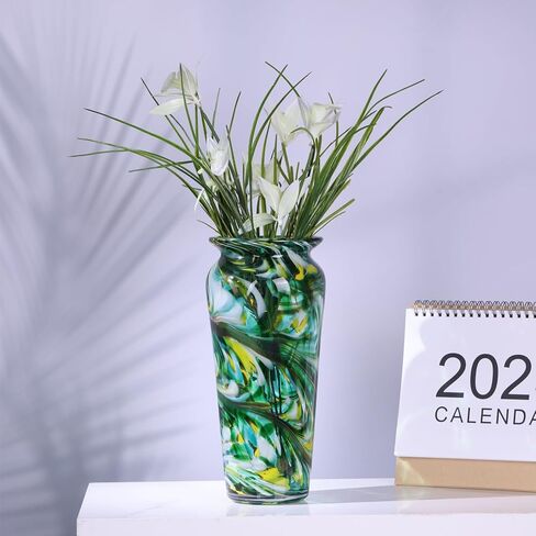 PlivBloom Green Hand Blown Glass Vase – Tall Speckled Decorative Centerpiece in Murano Style for Dining Table, Coffee Table, Mantel, Entryway, or Bookshelf in Coastal or Modern Decor (Green) in Saudi Arabia