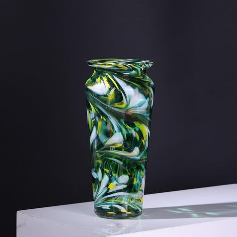 PlivBloom Green Hand Blown Glass Vase – Tall Speckled Decorative Centerpiece in Murano Style for Dining Table, Coffee Table, Mantel, Entryway, or Bookshelf in Coastal or Modern Decor (Green) in Saudi Arabia