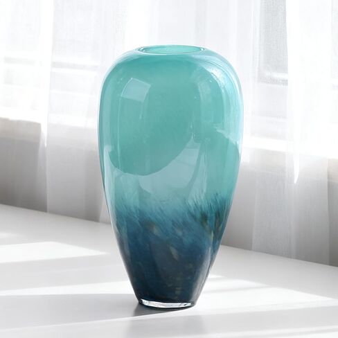 11.4" Tall Teal Glass Vase for Flowers, Hand Blown Gradient Decorative Vase for Home Decor, Centerpiece, Dining Table, Shelf, Mantel, Bathroom, Entryway, Countertop, Gift for Friends in Saudi Arabia