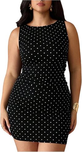 Floerns Women's Plus Size Elegant Polka Dots Mini Dress Sleeveless Bodycon Wedding Guest Dress in Saudi Arabia
