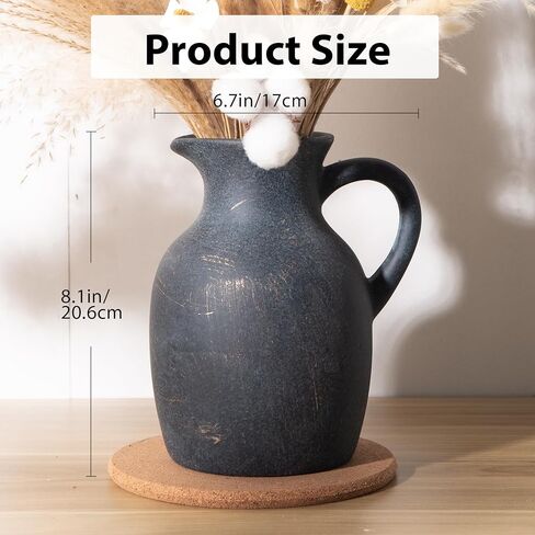 Magclay Ceramic Rustic Vase with Handle, Decorative Jug Pitcher, Terracotta Stone Vase for Decor Living Room, Vintage Home Decor, Black in Saudi Arabia