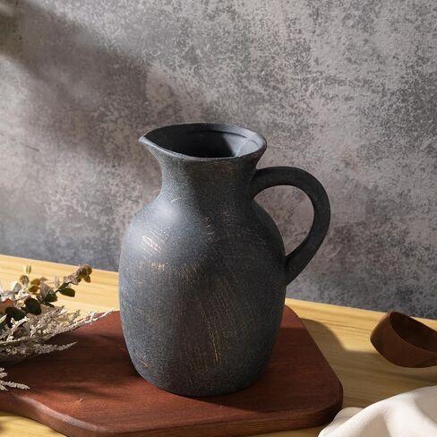 Magclay Ceramic Rustic Vase with Handle, Decorative Jug Pitcher, Terracotta Stone Vase for Decor Living Room, Vintage Home Decor, Black in Saudi Arabia