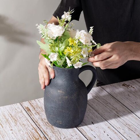 Magclay Ceramic Rustic Vase with Handle, Decorative Jug Pitcher, Terracotta Stone Vase for Decor Living Room, Vintage Home Decor, Black in Saudi Arabia