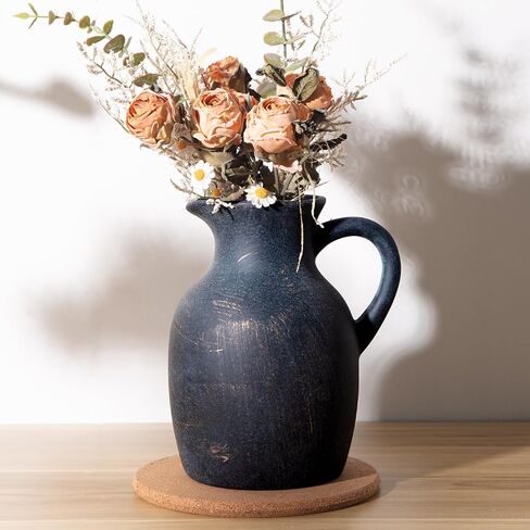 Magclay Ceramic Rustic Vase with Handle, Decorative Jug Pitcher, Terracotta Stone Vase for Decor Living Room, Vintage Home Decor, Black in Saudi Arabia