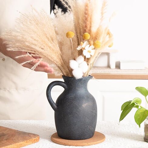 Magclay Ceramic Rustic Vase with Handle, Decorative Jug Pitcher, Terracotta Stone Vase for Decor Living Room, Vintage Home Decor, Black in Saudi Arabia