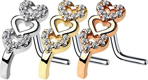 Pave Triple Heart Nose Ring Stud L Shape Surgical Steel Gem 1pc 20G 18G in Saudi Arabia