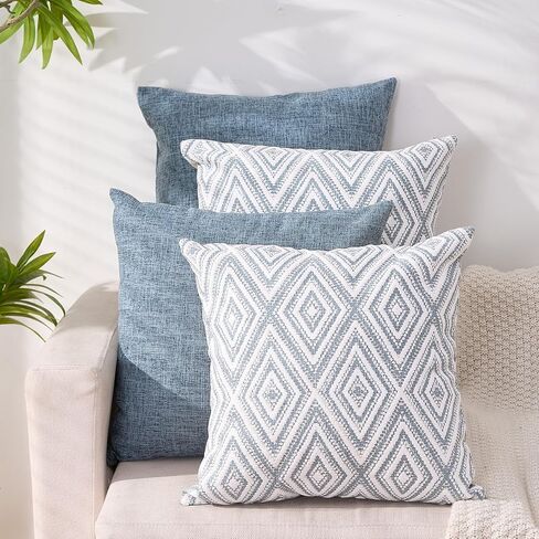 HPUK Decorative Throw Pillow Covers Set of 4 Square Couch Pillows Linen Cushion Cover for Couch Sofa Living Room, 18"x18" inches, Blue in Saudi Arabia