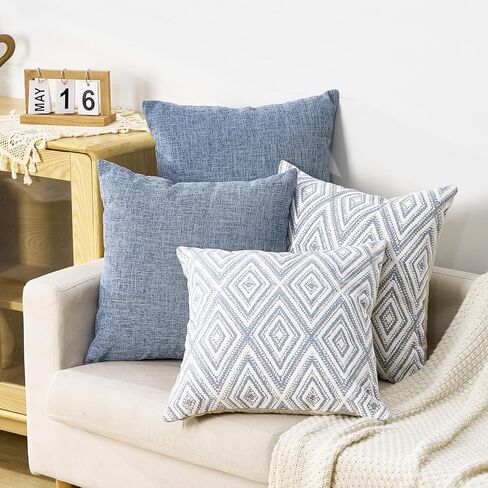 HPUK Decorative Throw Pillow Covers Set of 4 Square Couch Pillows Linen Cushion Cover for Couch Sofa Living Room, 18"x18" inches, Blue in Saudi Arabia