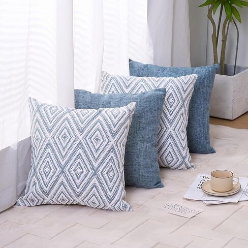 HPUK Decorative Throw Pillow Covers Set of 4 Square Couch Pillows Linen Cushion Cover for Couch Sofa Living Room, 18"x18" inches, Blue in Saudi Arabia