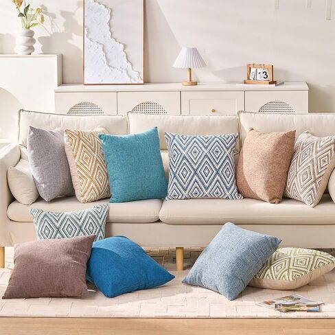 HPUK Decorative Throw Pillow Covers Set of 4 Square Couch Pillows Linen Cushion Cover for Couch Sofa Living Room, 18"x18" inches, Blue in Saudi Arabia